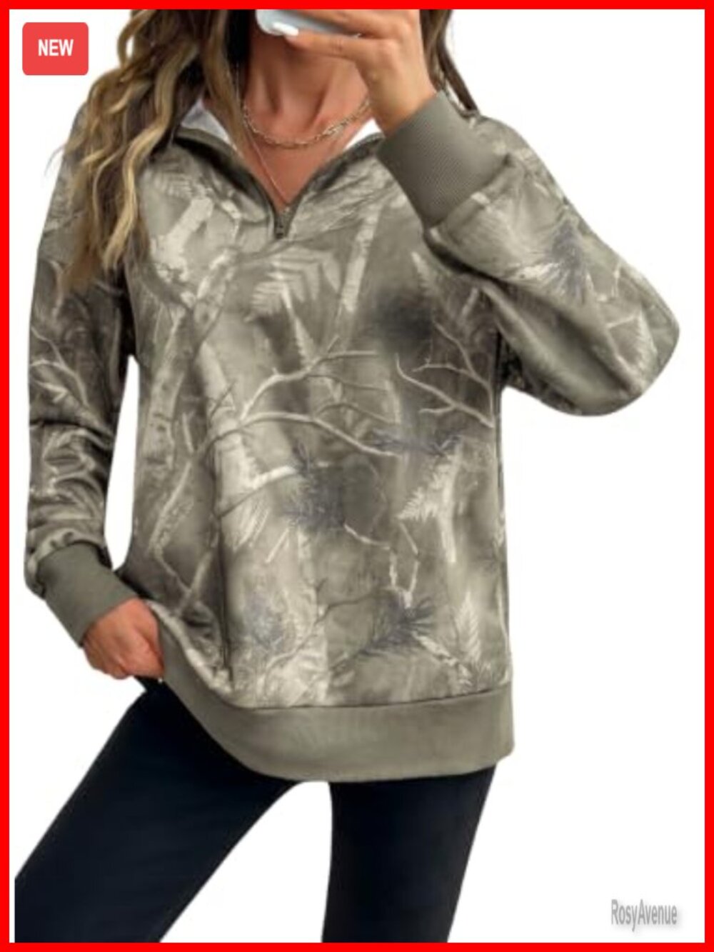 Women's Quarter Zip Sweatshirt Loose Camo Leaf Pullover Fall Winter Top